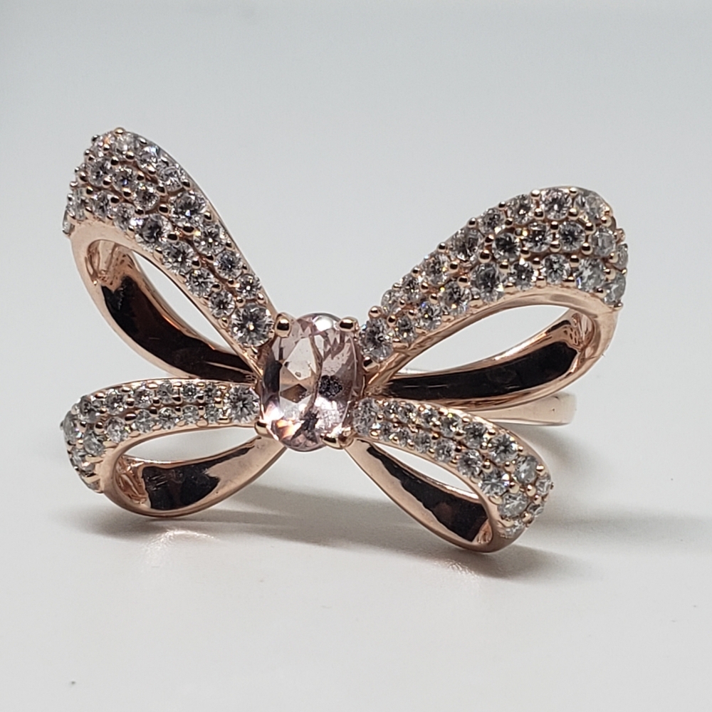 AAA Natural Pink Morganite & Pave Set Moissanite Bow Ring in 18k Rose Gold over